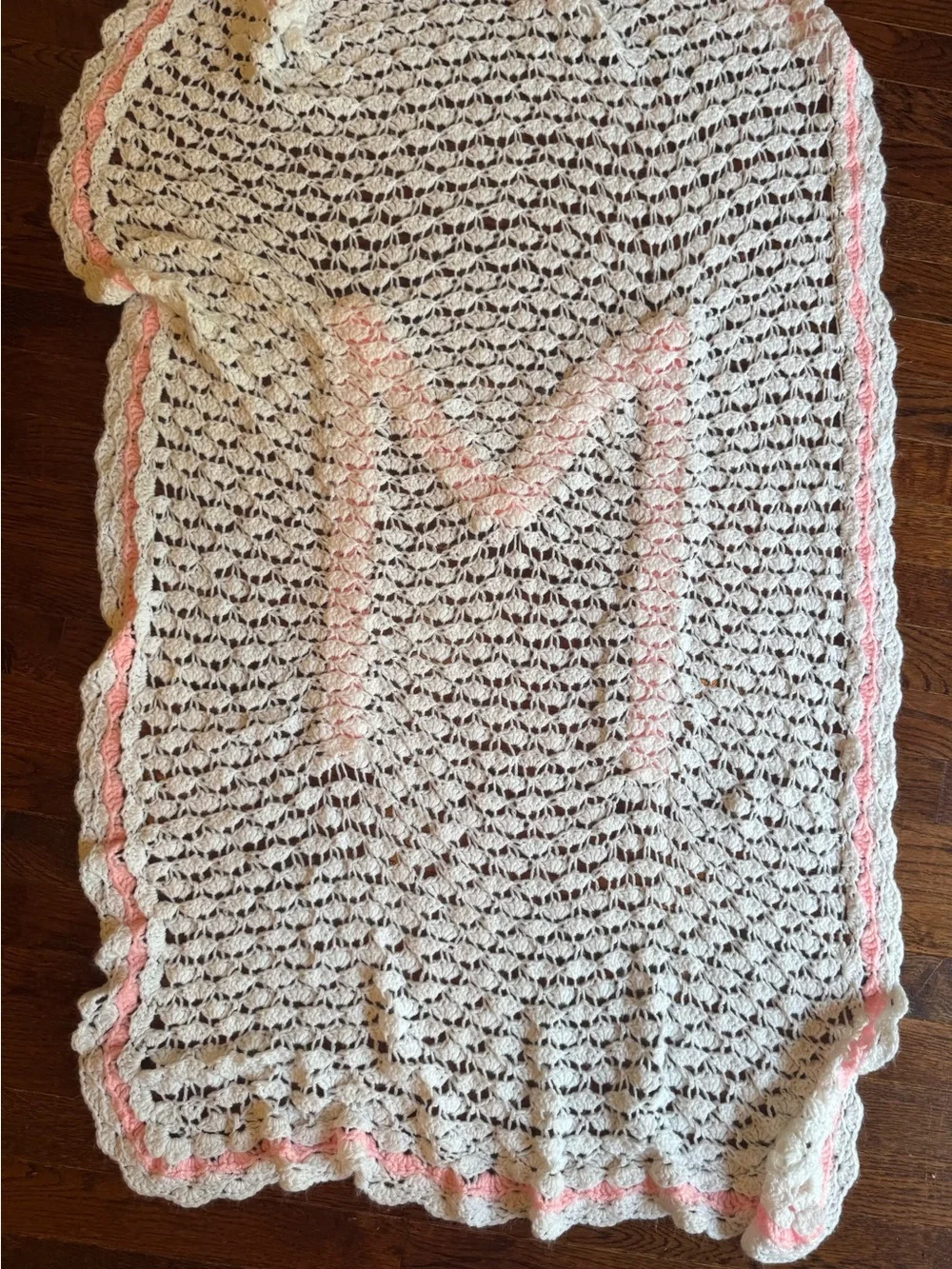 Vintage Handmade Crochet M Monogram Baby Blanket White Pink Nursery Shower Crib